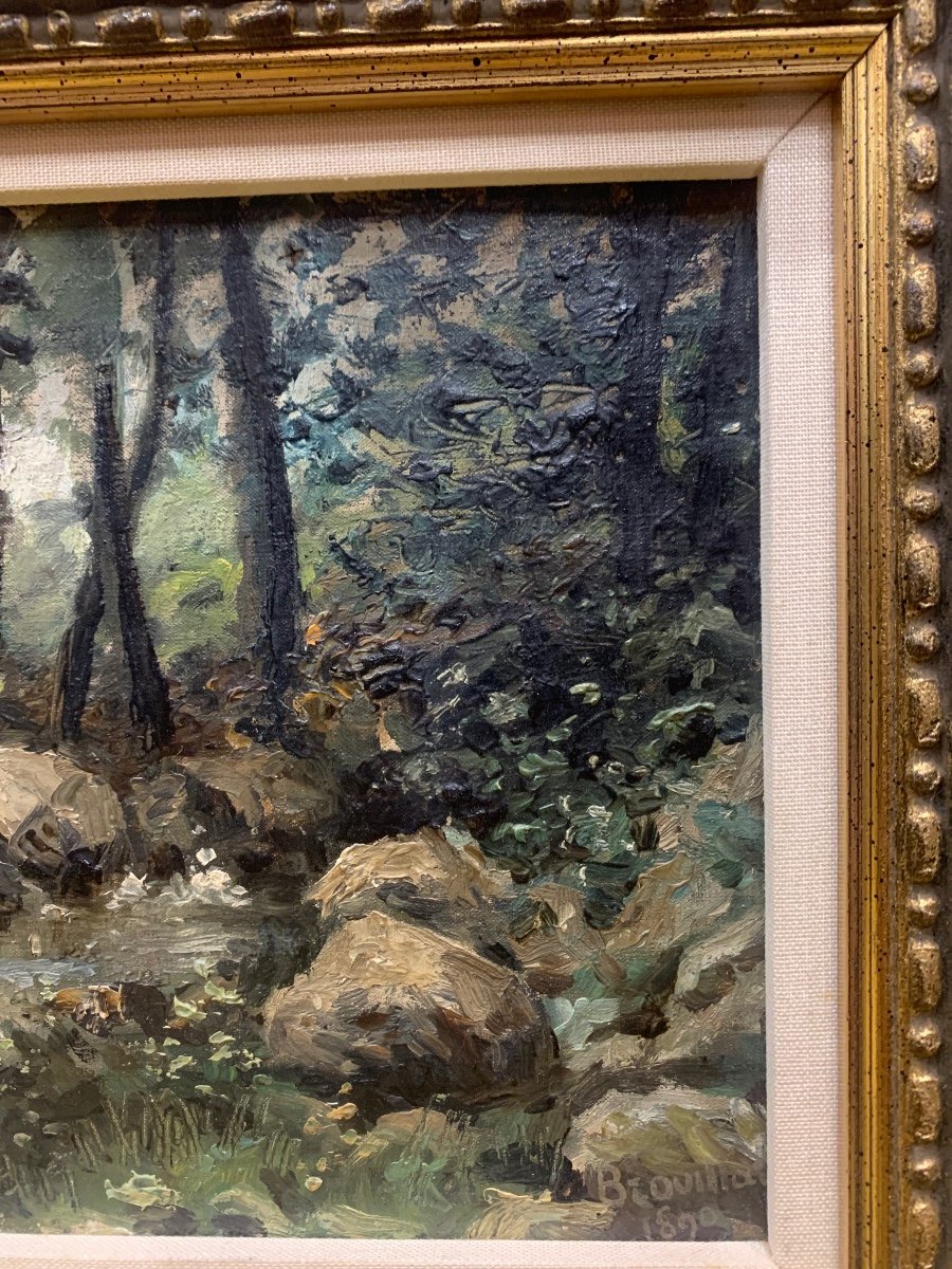 Tableau  Eugene Brouillard Huile Sur Toile Sur Panneau Sous Bois Et Ruisseau. Daté 1890-photo-2