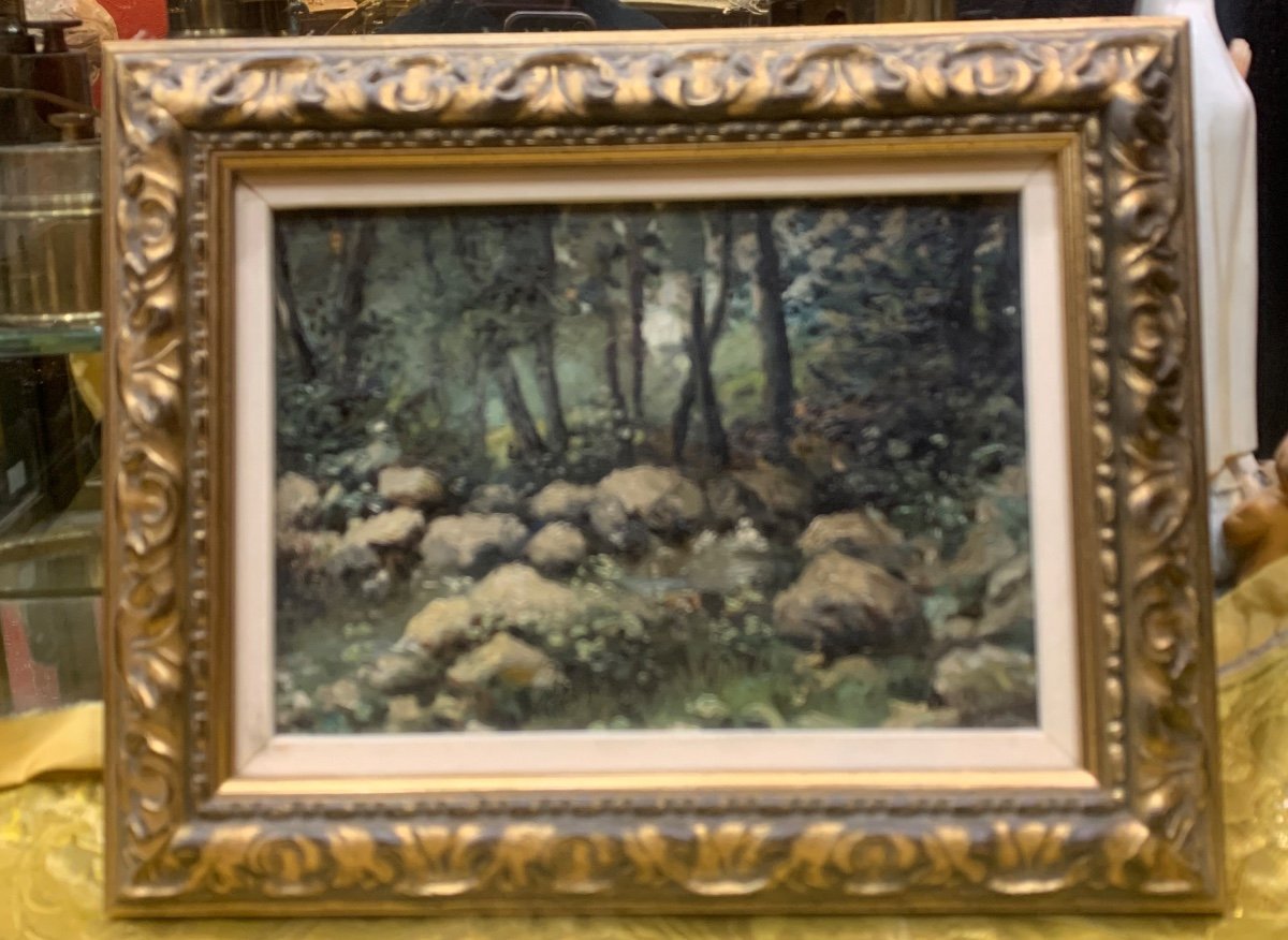 Tableau  Eugene Brouillard Huile Sur Toile Sur Panneau Sous Bois Et Ruisseau. Daté 1890