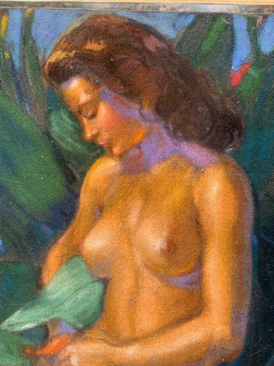 Old Degreased Pastel Painting Female Nude In Tahitian Style 1960s By Le Tord  -photo-3