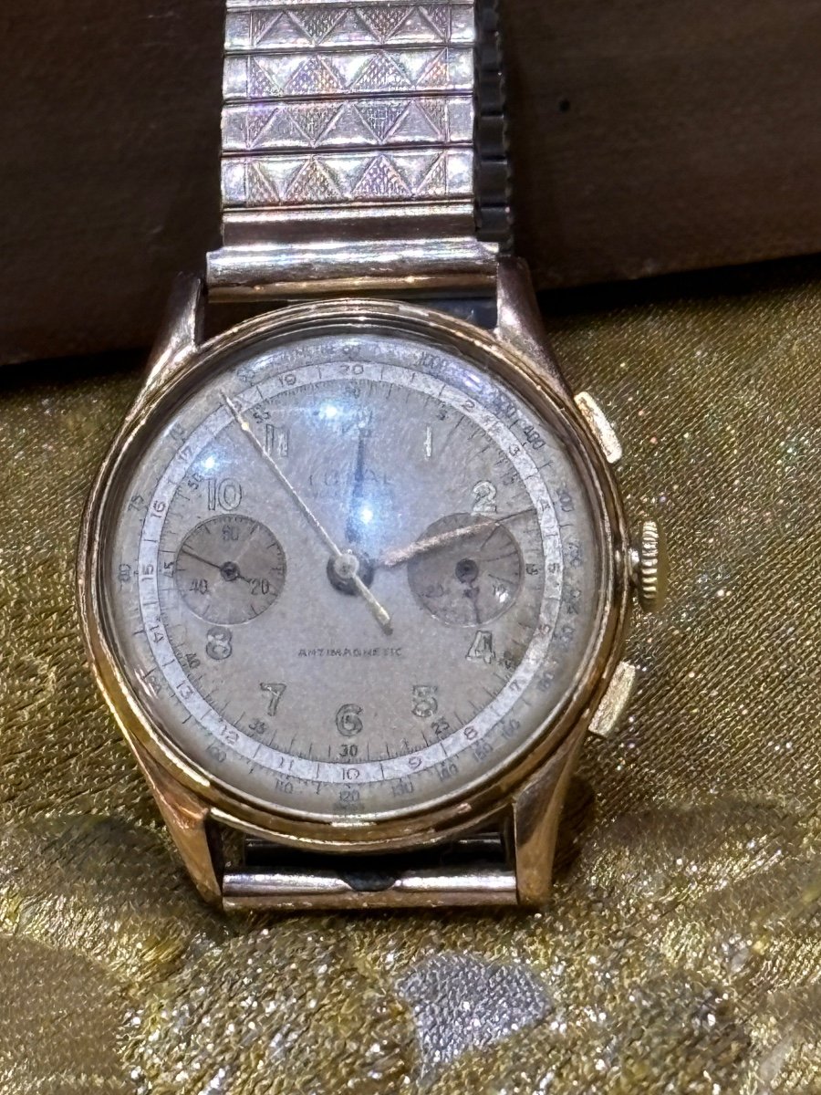 Old Bracelet Watch In 18 Carat Gold Chronograph Loyal Suisse 17 Jewels Anti Magnetic -photo-4