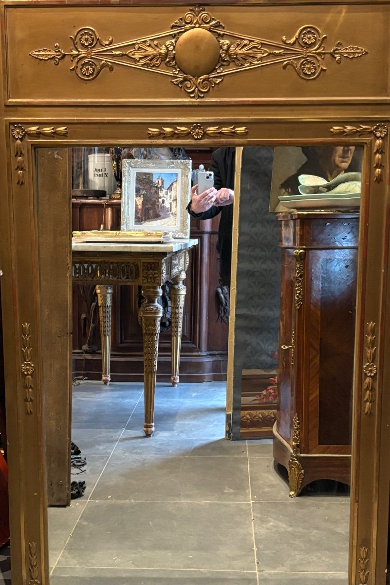 Empire Style Trumeau Mirror In Golden Wood With Palmettes Period 1900-photo-5