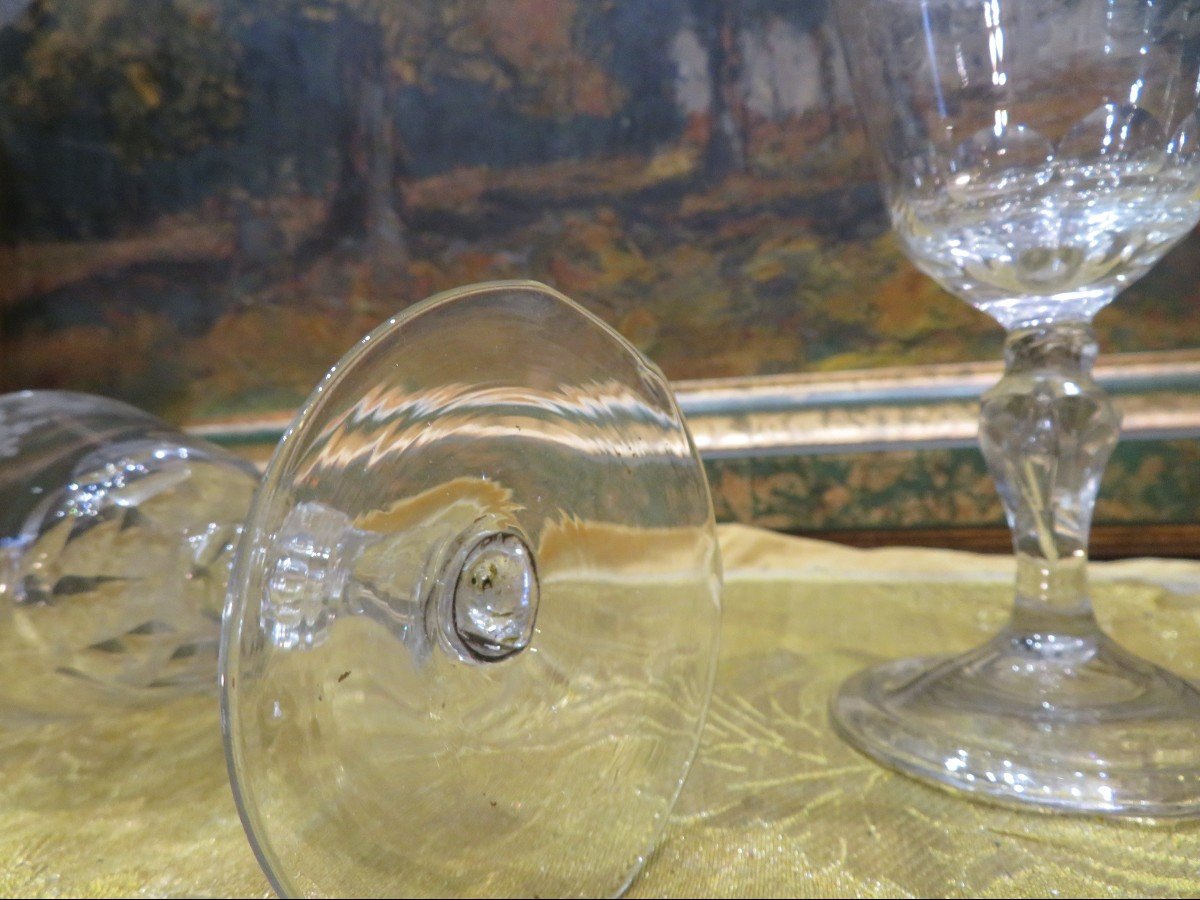 2 Wine Glasses In Engraved Crystal And Faceted 18th Century -photo-2