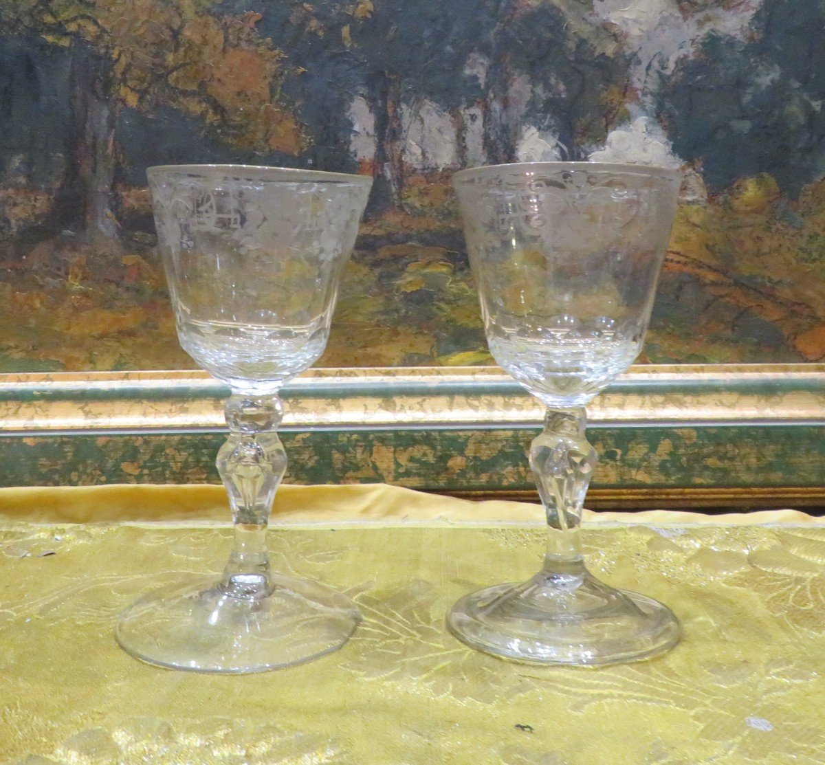 2 Wine Glasses In Engraved Crystal And Faceted 18th Century 