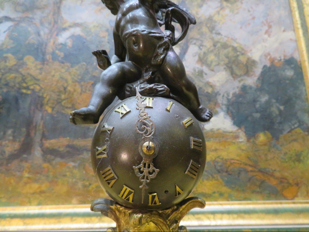 Old Lxv Style Clock Decorated With Cherub Putti In Bronze Watch Movement 1900 Period-photo-3