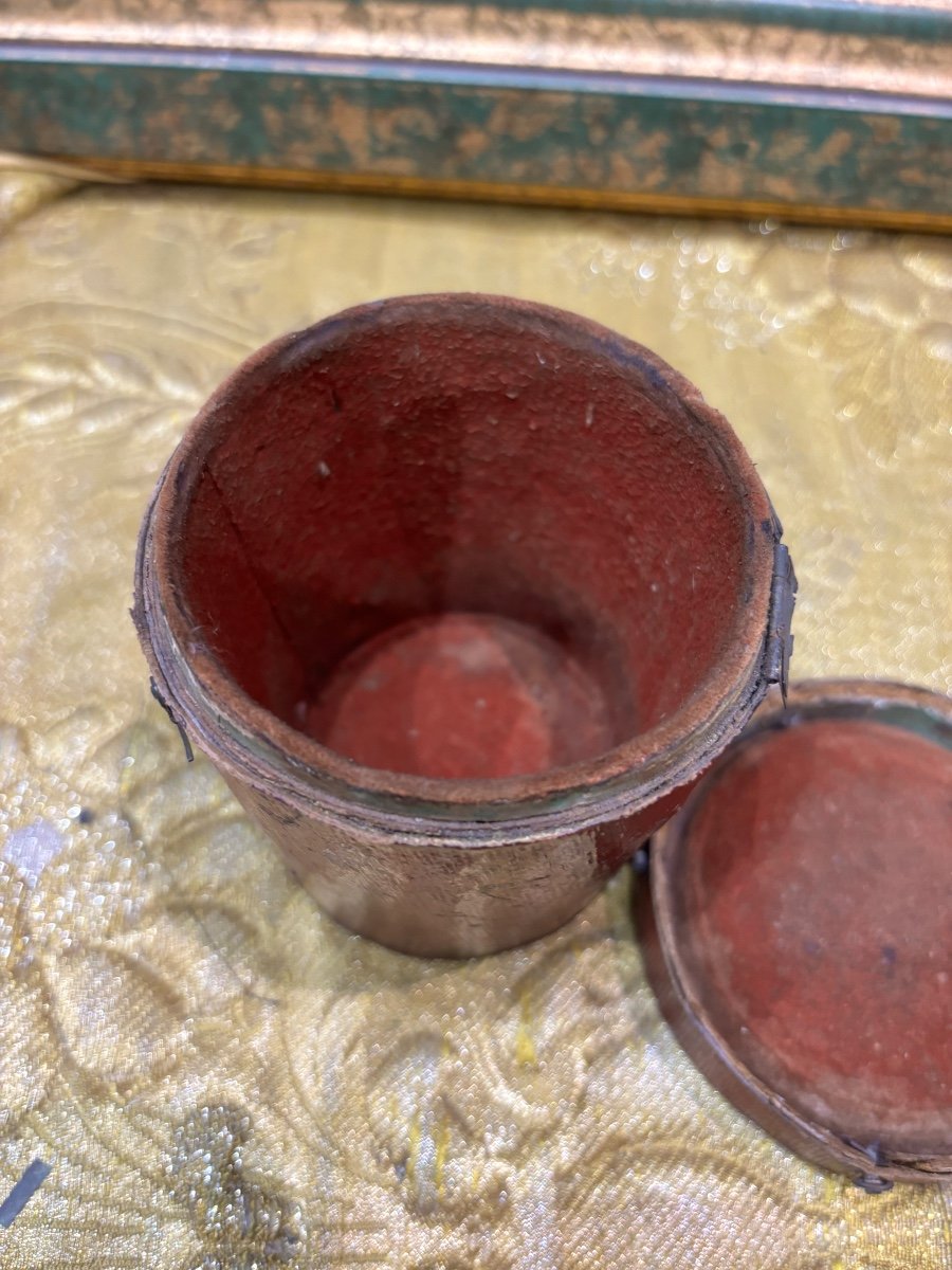 Rare Boîte étui De Timbale En Argent XVIIIe Bois Et Maroquin Rouge-photo-4