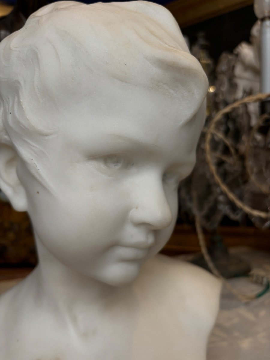 Old Marble Child Bust Young Man Signed Gia Loi-photo-3
