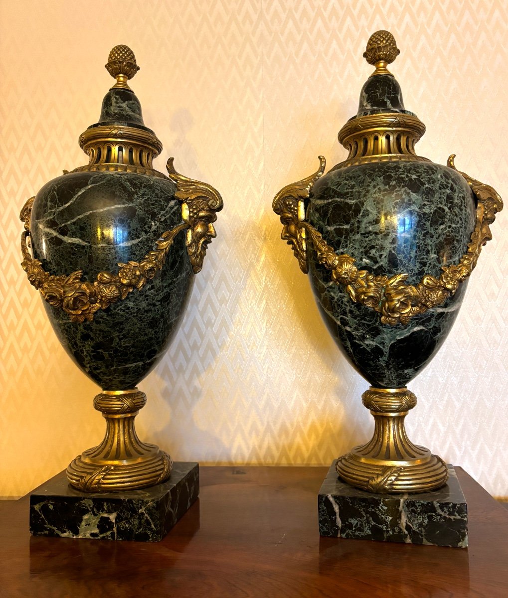 Old Pair Of Cassolette Pots Covered In Alpine Green Marble And Bronze, 1920 Period Approx.