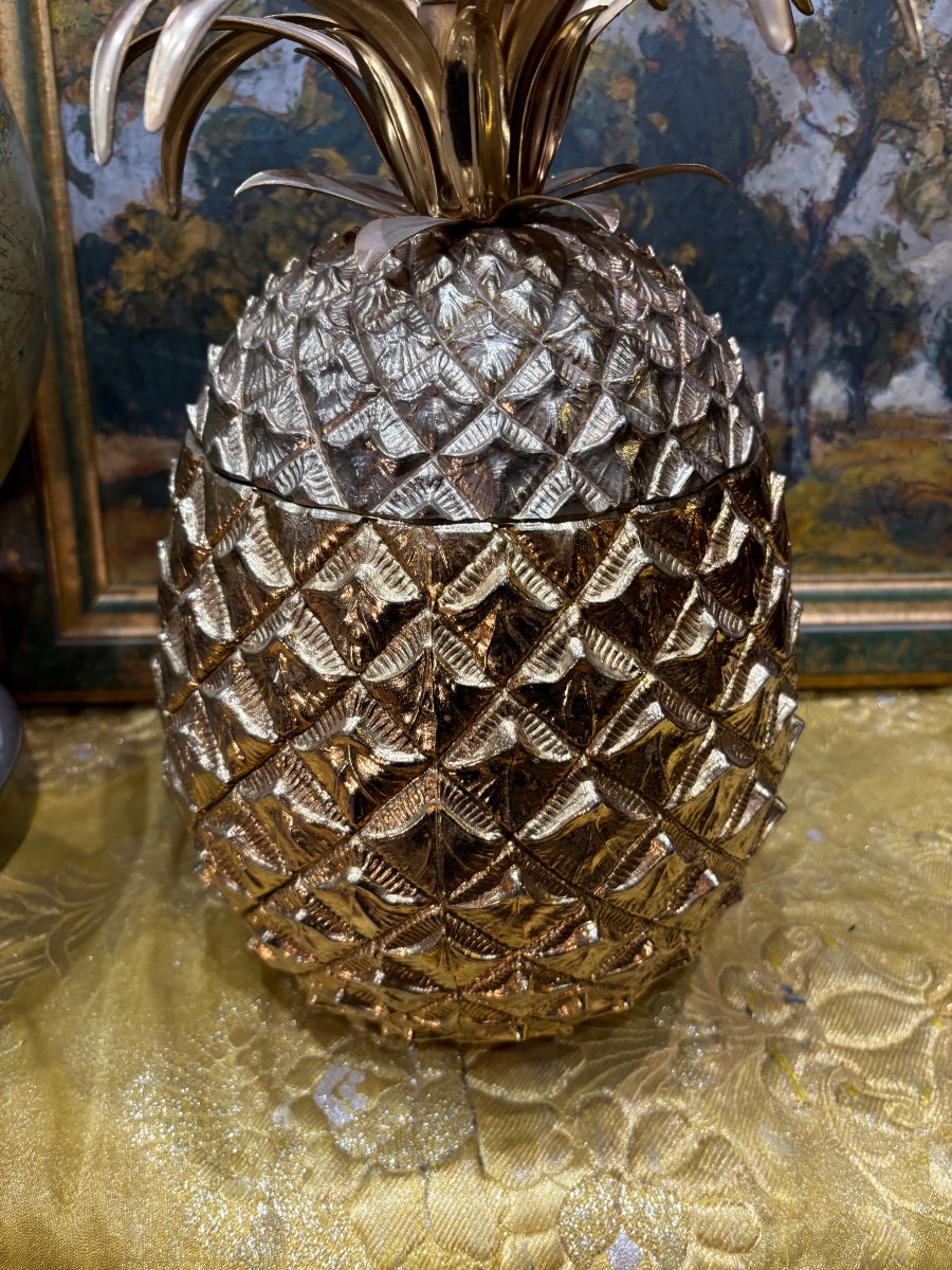 60s Gold Metal Ice Cube Bucket In Pineapple By Mauro Manetti Italy Firenze M/m-photo-2