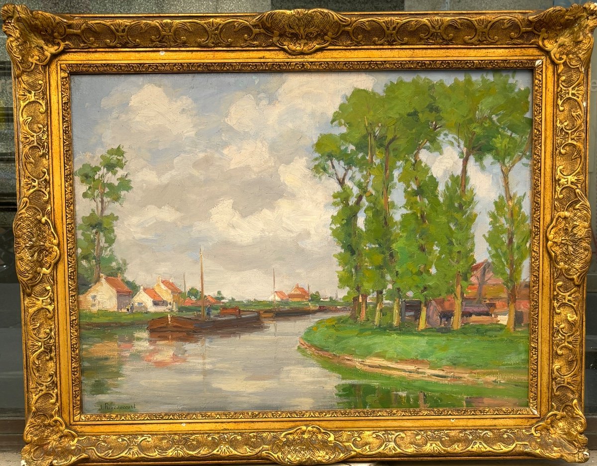 Old Large Painting Jules Ribeaucourt 1929 Canal And Barge Bourbourg Nord