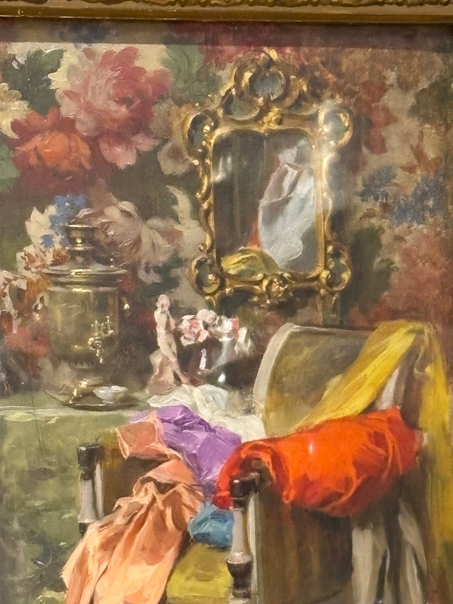 Oil Painting On Panel Interior Scene Madame's Bedroom By Bonnardel Boudoir Nineteenth -photo-3