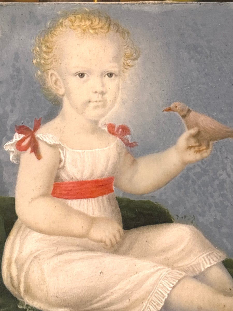 Miniature Sur Ivoire époque Empire Petite Fille à  La Colombe Vers 1810  Tableau -photo-2