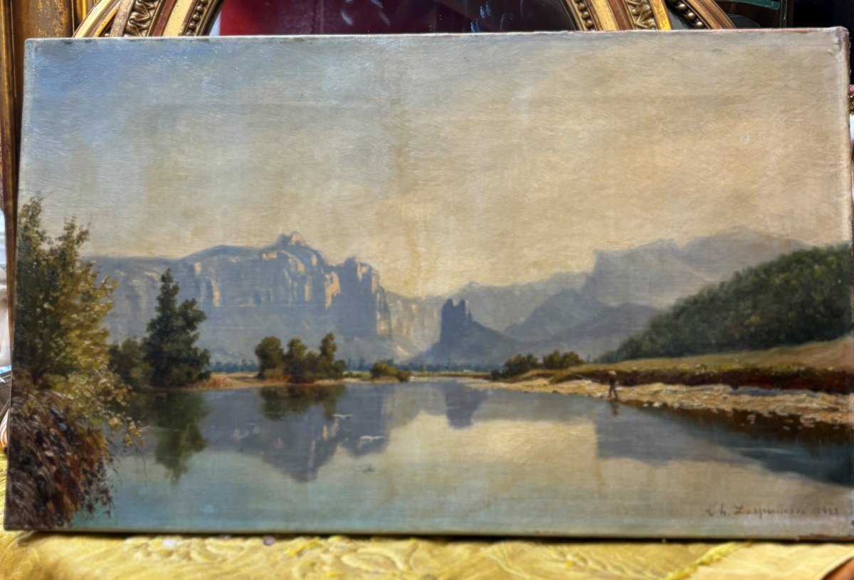 Théodore Lespinasse Oil Painting On Canvas Landscape Alpine Mountain Lake Dated 1888