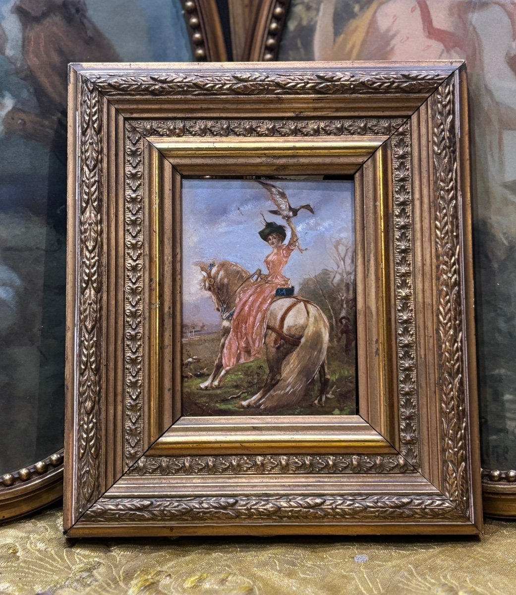 La Fauconniere à Cheval Tableau Huile Sur Bois XIXe  Fauconnerie Scène De Chasse 