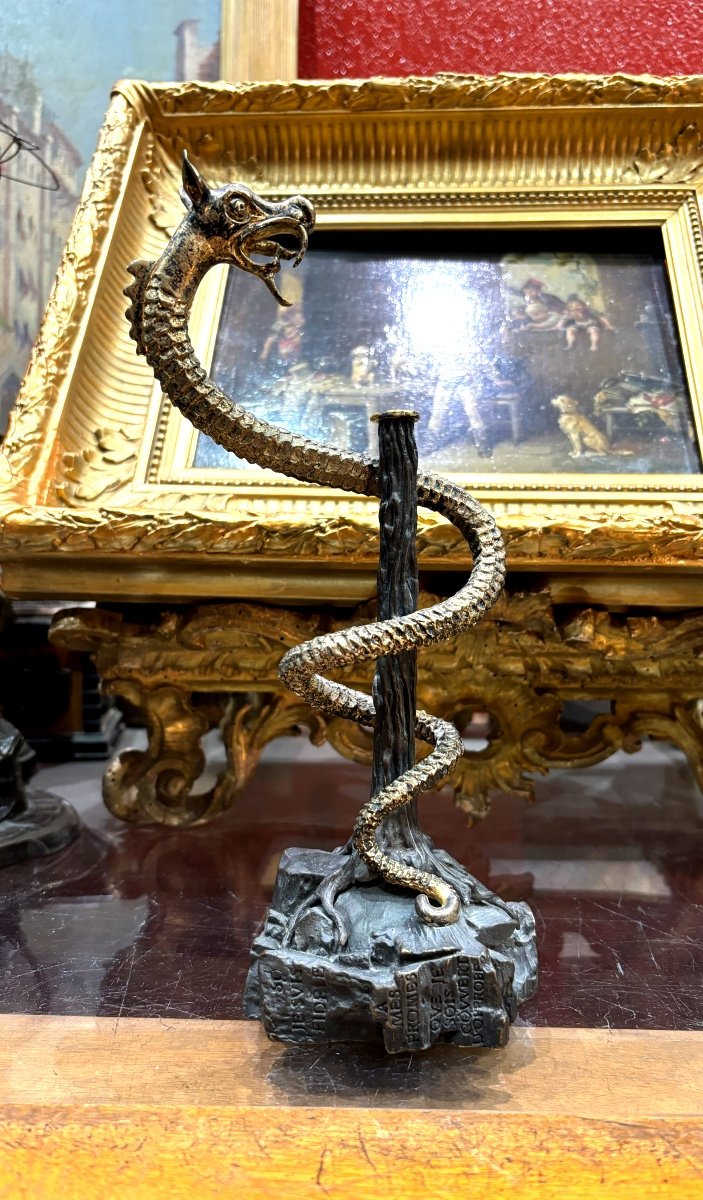 Salvador Dali Sculpture In Patinated And Gilded Bronze The Caduceus With The Dragon Referenced Work 