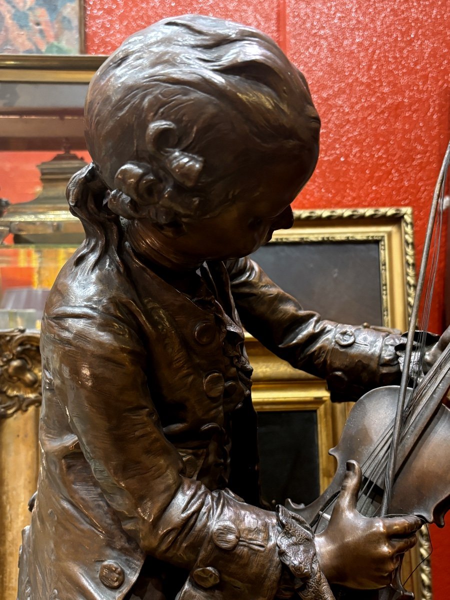 Louis Ernest Barrias Large Bronze Mozart Child Violinist And His Violin Dated 1883 Barbedienne -photo-2