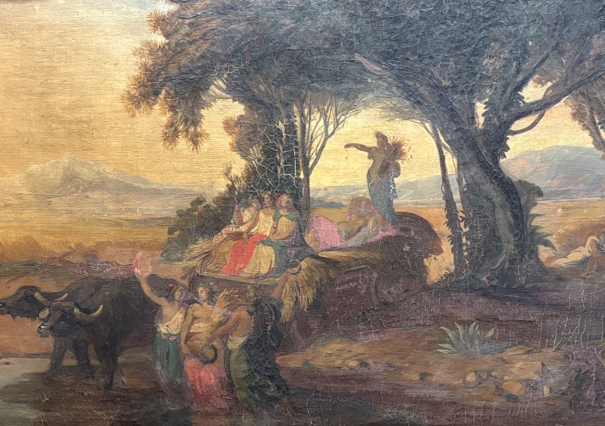 Rare Paire De Tableaux XIXe Huile Sur Toile  Scène Mythologique Mariage  Char De Cérès  Vestale-photo-3