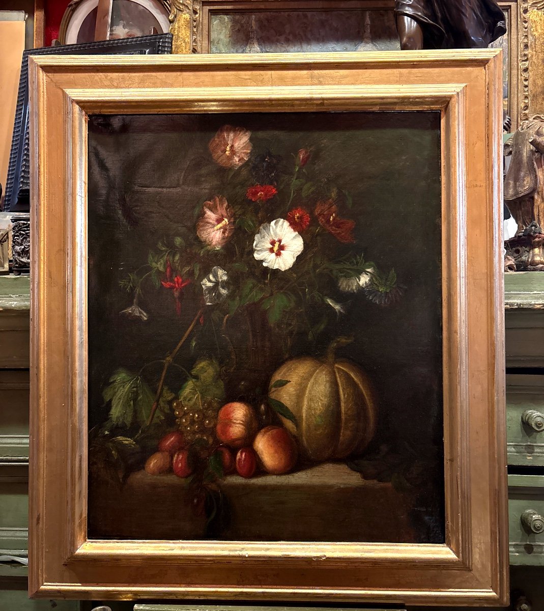 French School Painting Still Life Flowers And Fruits 19th Century Oil On Canvas 