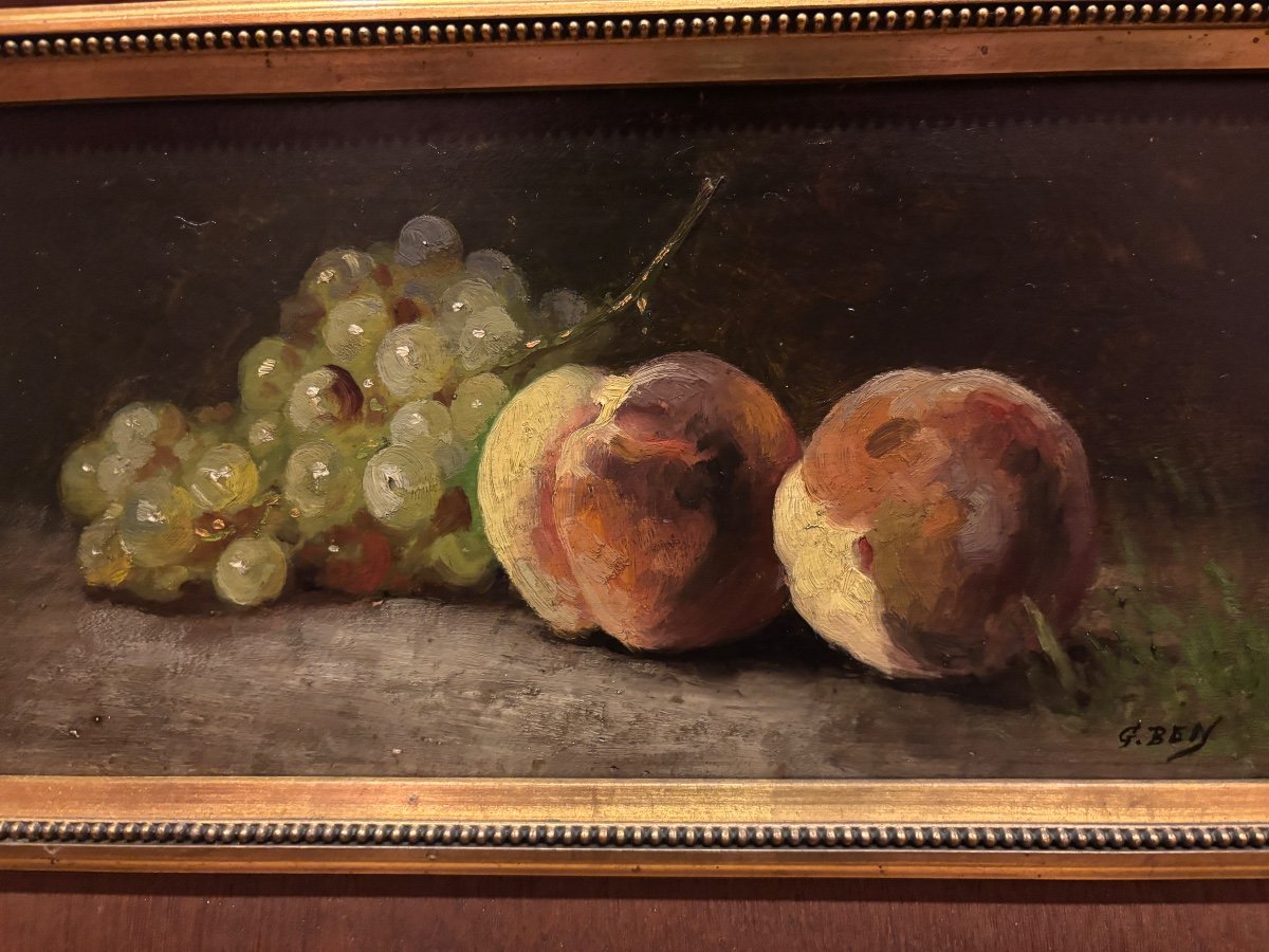 Pair Of 19th Century Still Life Paintings With Autumn Fruits Oil On Wood Peach Grape Pear-photo-2