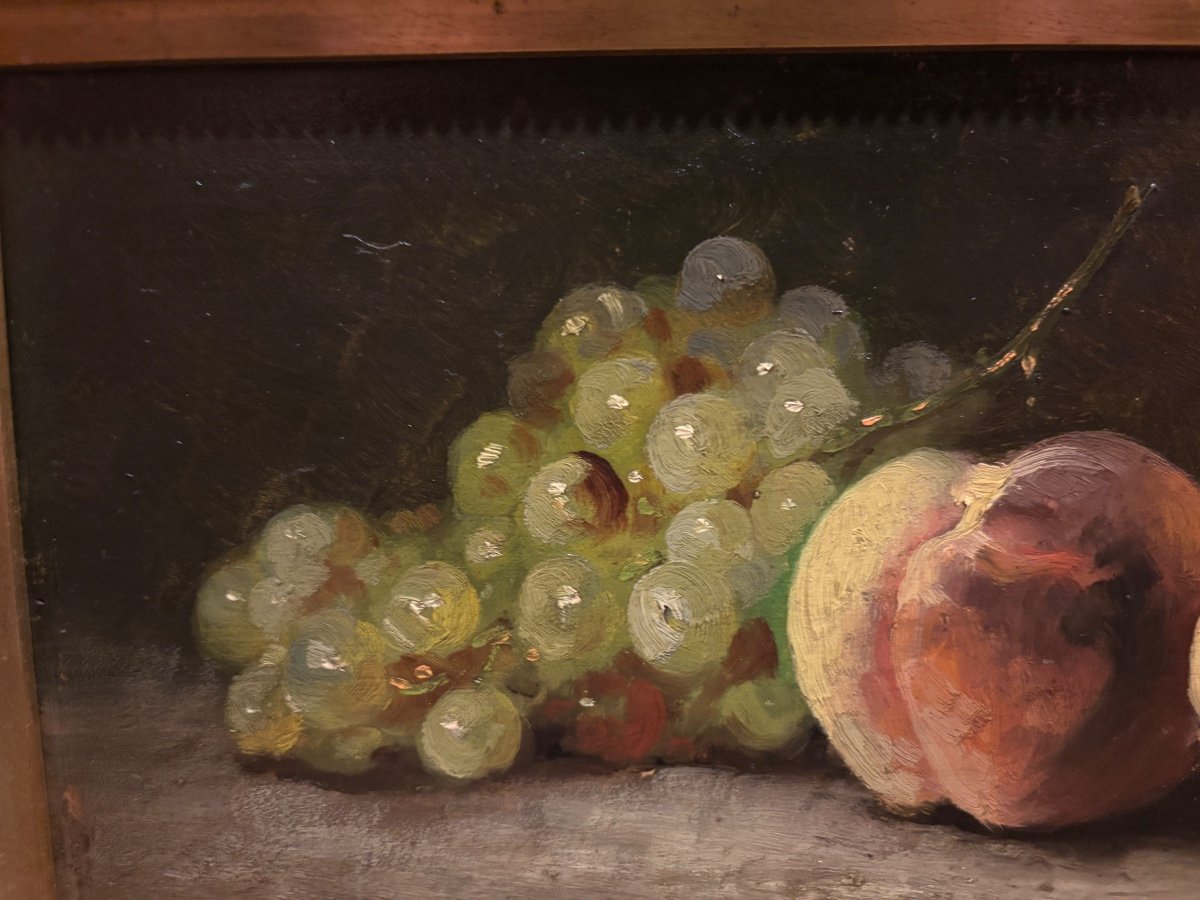 Pair Of 19th Century Still Life Paintings With Autumn Fruits Oil On Wood Peach Grape Pear-photo-3