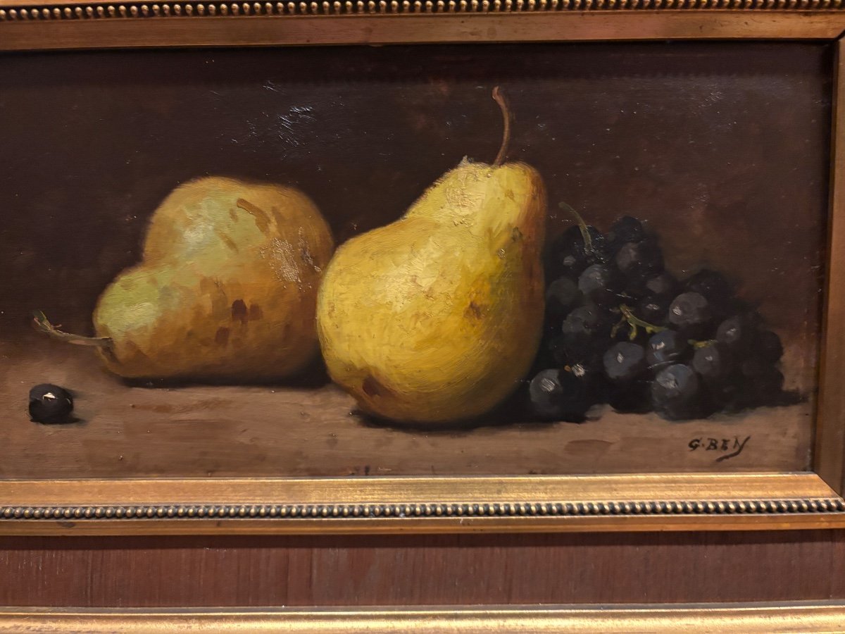 Pair Of 19th Century Still Life Paintings With Autumn Fruits Oil On Wood Peach Grape Pear-photo-4