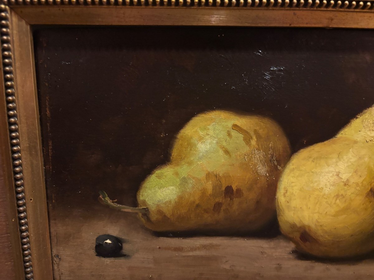 Pair Of 19th Century Still Life Paintings With Autumn Fruits Oil On Wood Peach Grape Pear-photo-2