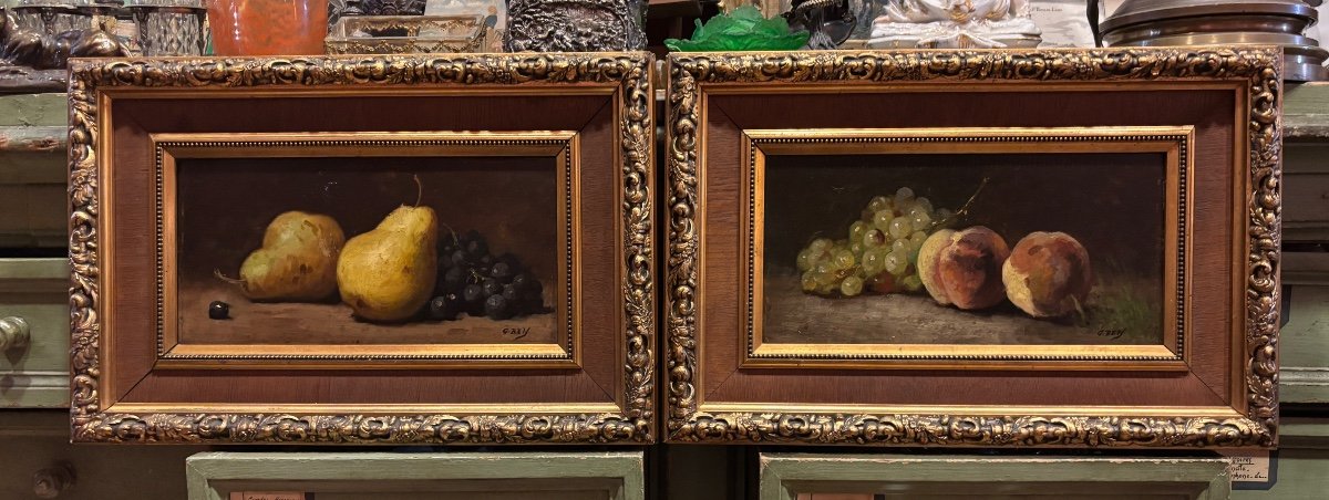 Pair Of 19th Century Still Life Paintings With Autumn Fruits Oil On Wood Peach Grape Pear