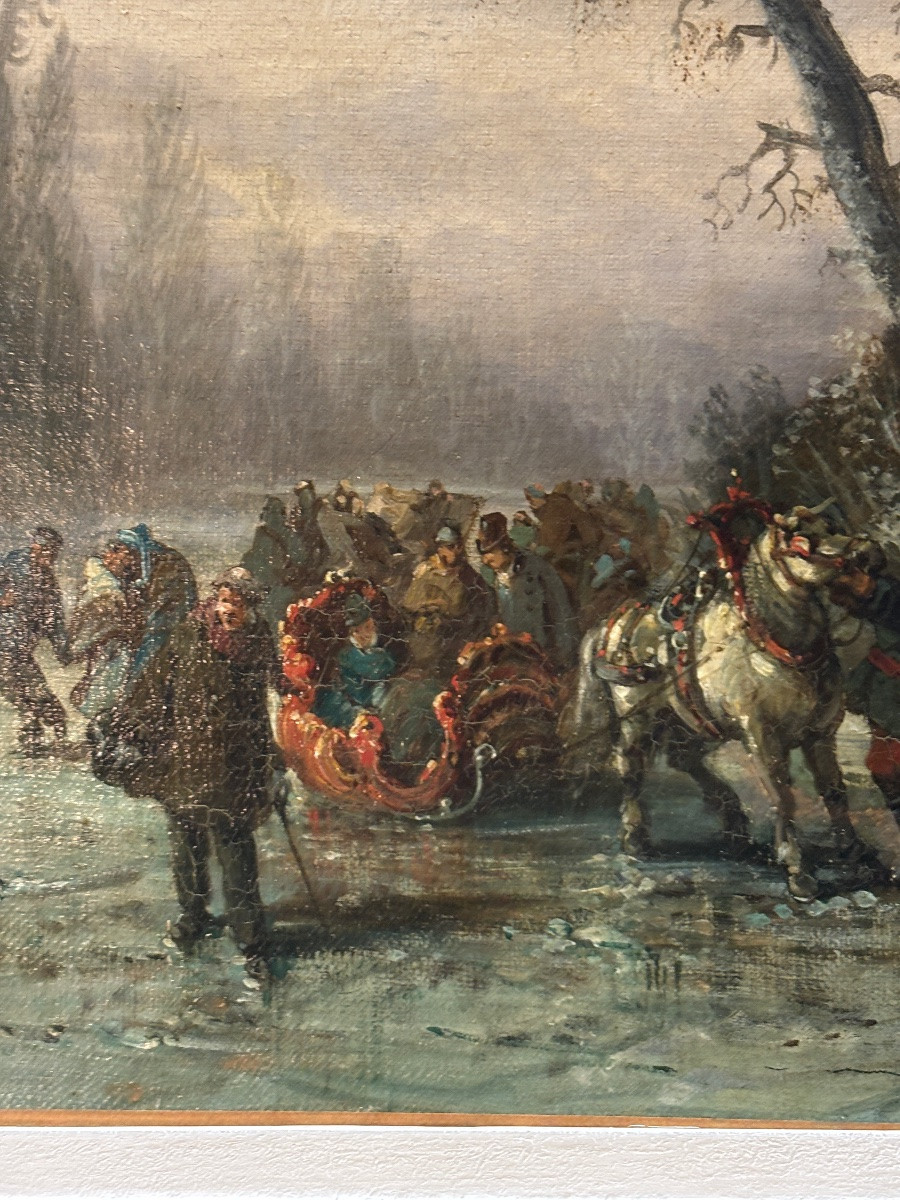 Van Ghell Painting Oil On Canvas 19th Century Troika Village Scene Russian Or Prussian School -photo-3