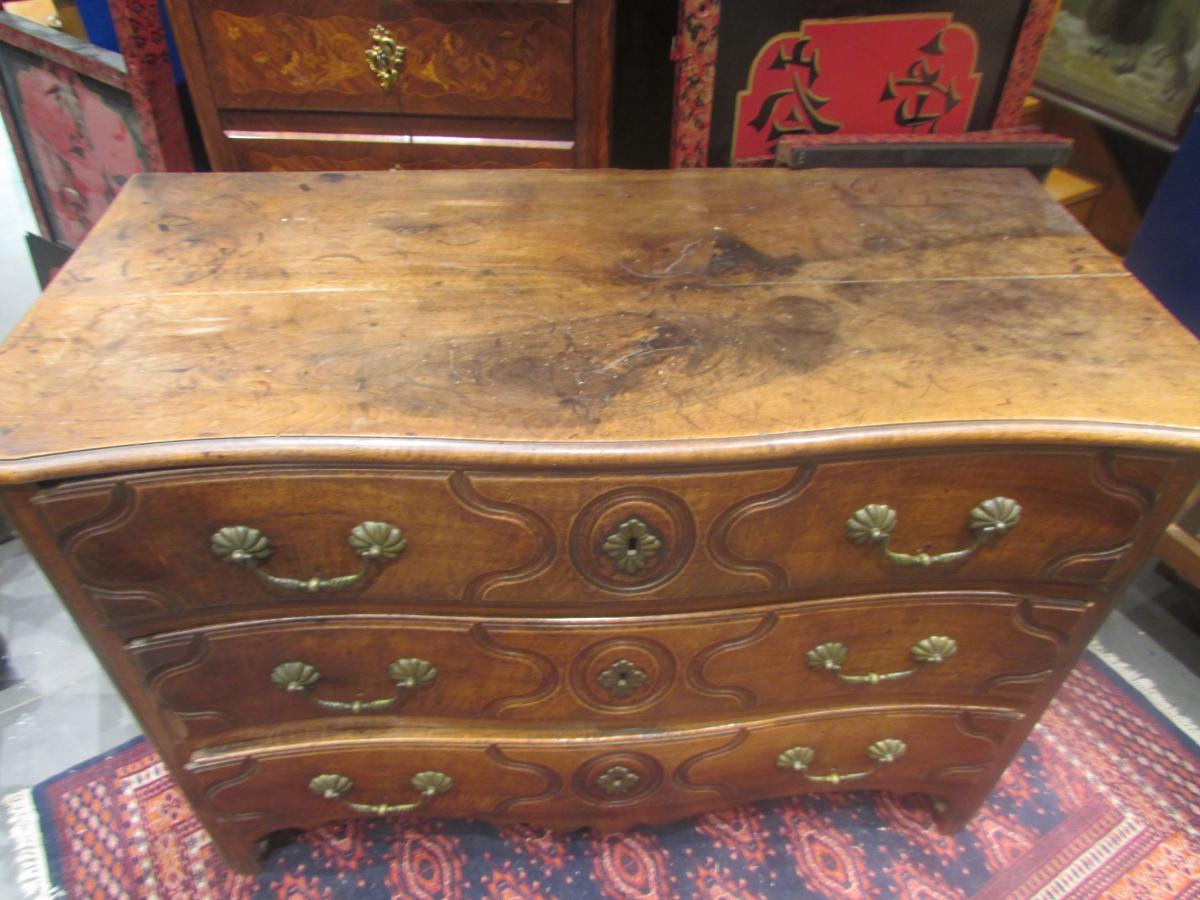 Commode Galbée Bombée Epoque XVIII Eme Louis XIV Noyer 3 Tiroirs-photo-4