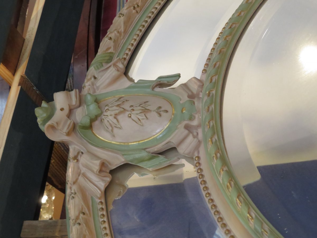 Monumental Mirror Napoleon III Oval Of Chateau Wood And Stucco Lacquered Flowers And Birds Nineteenth Ice-photo-4