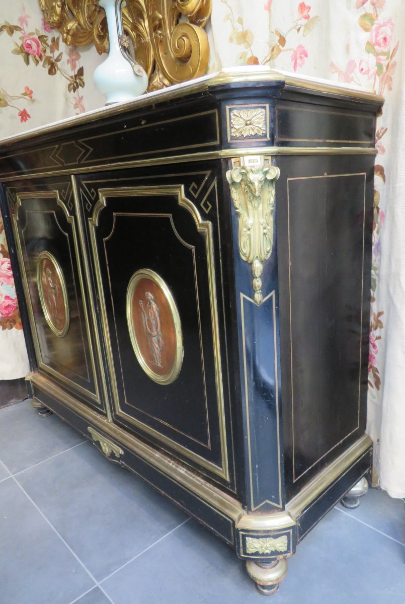 Ancien Buffet D Appui 2 Portes Napoleon III Noirci XIXe Medaillon Bronze Boulle-photo-3