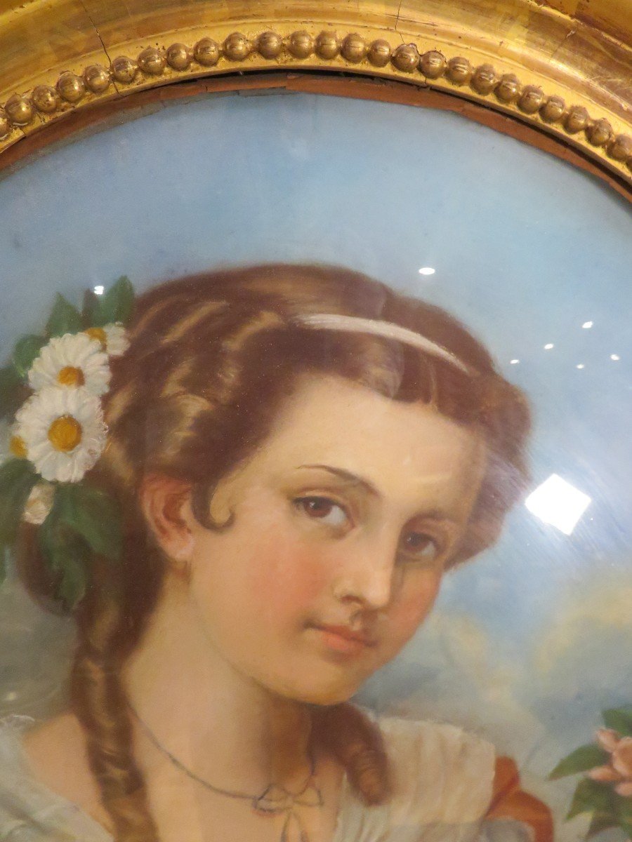 Beautiful Old Large Oval Painting Portrait Of A Young Girl Pastel XIXth Time Merchant Flowers-photo-2