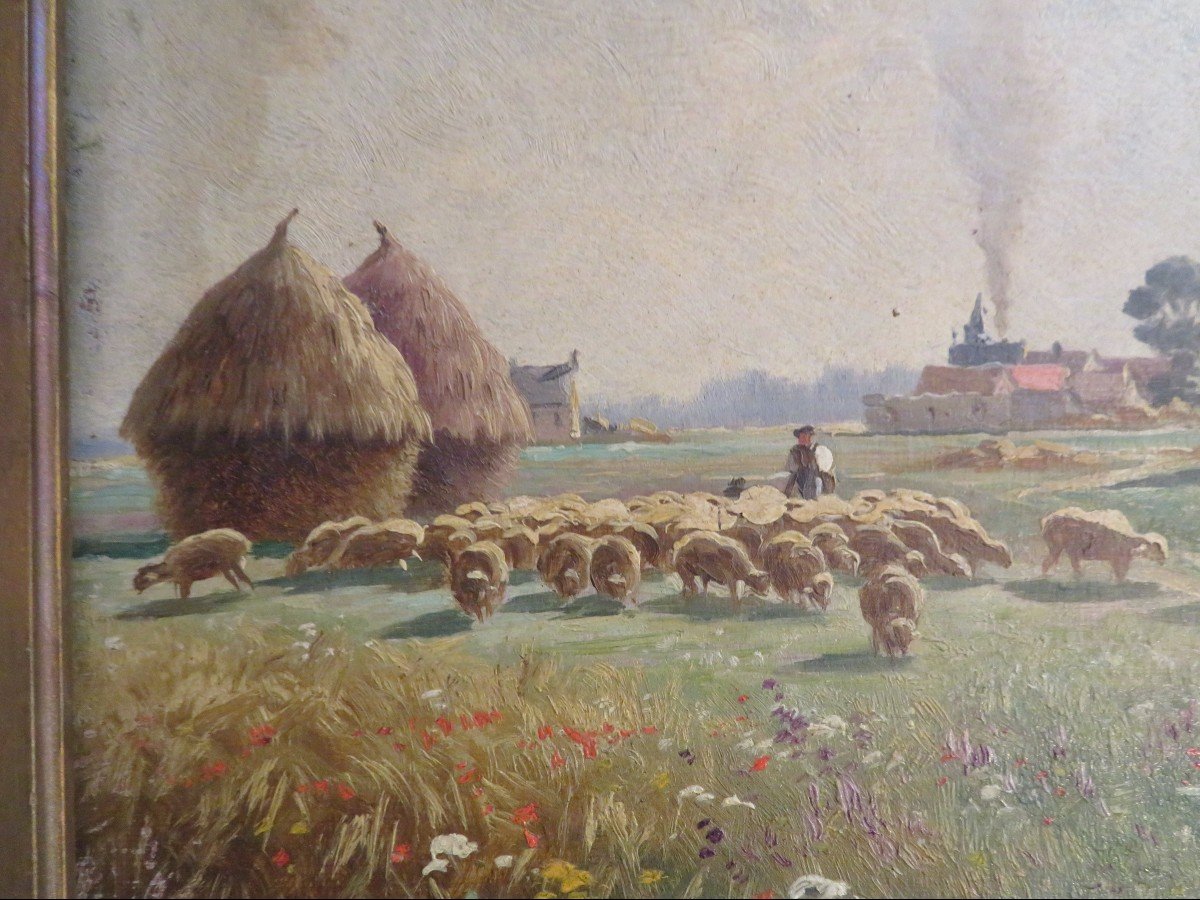 Tableau Huile Sur Bois Par Armand Guery 51 Pontgivart Le Matin Troupeau De Moutons XIXe-photo-4