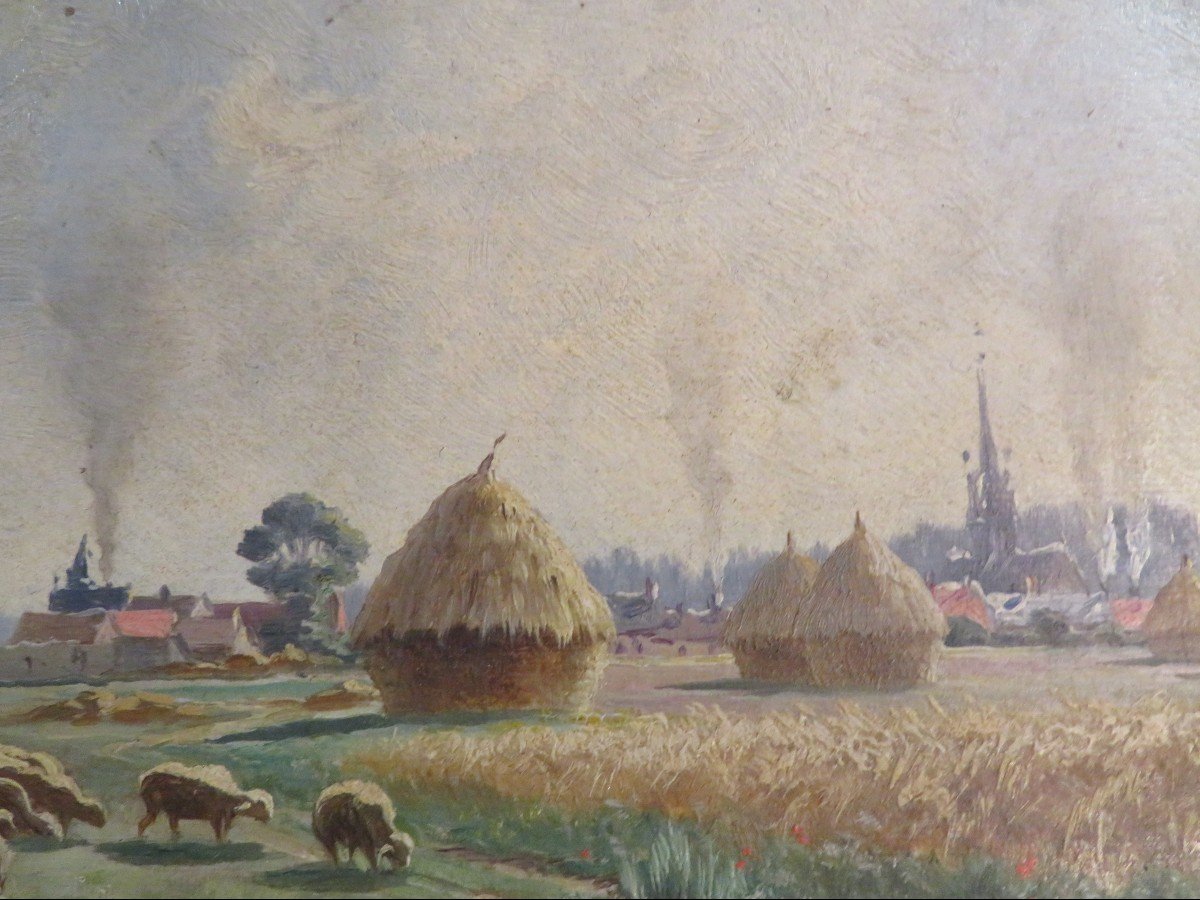 Tableau Huile Sur Bois Par Armand Guery 51 Pontgivart Le Matin Troupeau De Moutons XIXe-photo-3