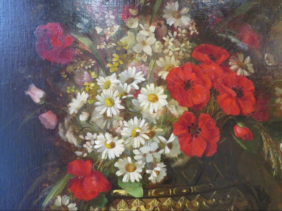 Grand Tableau Huile / Toile  Bouquet  Fleurs Des Prés Coquelicot  Cauchois 19e Nature Morte-photo-3