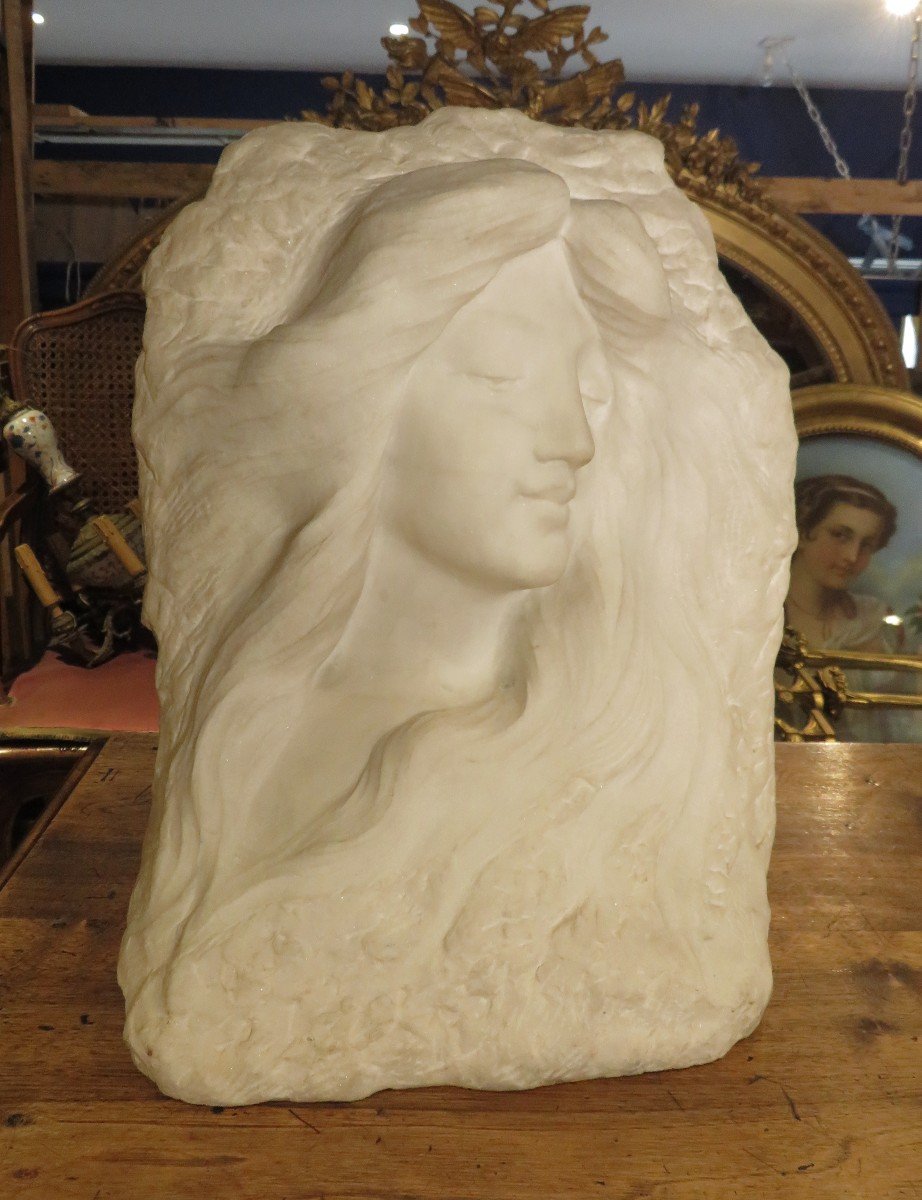 Sculpture Buste En Marbre De Carrare Bas Relief Epoque Art Nouveau Elegante Signé Lebrun