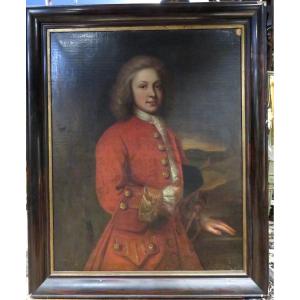 XVIIIe grand  Tableau Huile Sur Toile Portrait D Enfant Noble A La Tunique Rouge Royale 