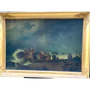 Large Oil Painting On Canvas Orientalist Marine Algeria Grounding French Boat 1836 Romegas