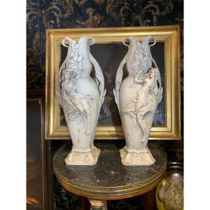 Large Pair Of Biscuit Vases Royal Dux Art Nouveau Epoque Nineteenth Feminine Floral Decor