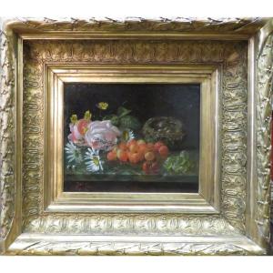 Ancien Tableau XIXe Nature Morte Entablement Aux Fruits fleurs  Huile Sur Carton Signé Petit