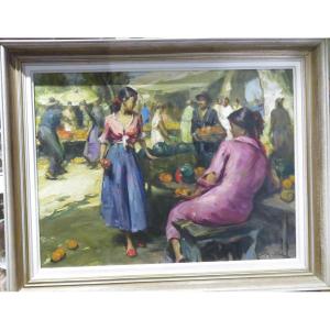  Grand Tableau Annees 60 Durando  Togo Richard Huile Sur Toile Marché Aux Pastèques  Provençal