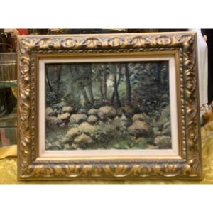 Tableau  Eugene Brouillard Huile Sur Toile Sur Panneau Sous Bois Et Ruisseau. Daté 1890