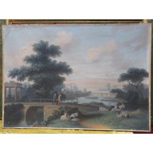 Large Gouache On Paper Late 18th Century Early 19th Century Galante Pastoral Scene French Landscape