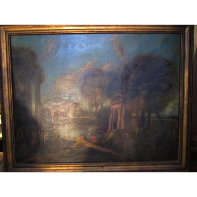 Oil On Canvas Table XVIII Eme Italian Romantic Scene Scenery Ruins