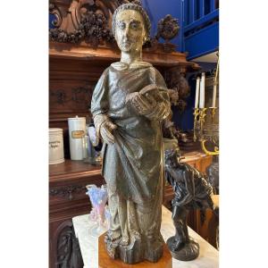 17th Century Religious Statue Evangelist Monk In Gilded And Patinated Wood 