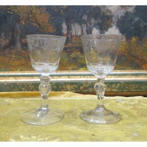 2 Wine Glasses In Engraved Crystal And Faceted 18th Century 