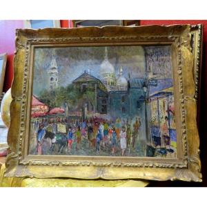 Large Painting View Of Paris La Fete Place Du Tertre Montmartre Around 1950 Animated Guerraz?