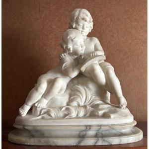 19th Century Marble Group Sculpture Statue By Zoi Children Reading A Story 