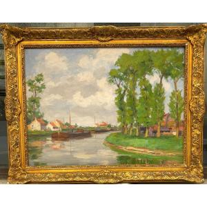 Old Large Painting Jules Ribeaucourt 1929 Canal And Barge Bourbourg Nord