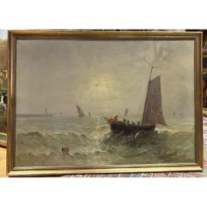 Ancien  grand Tableau  marine bateau de peche au large par Théodore levigne lyon 