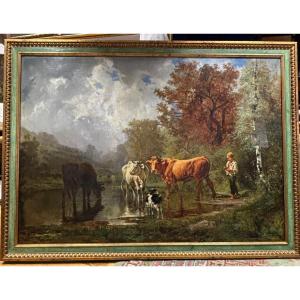 Old Very Large Oil Painting On Canvas Th Levigne Herd Cows And Shepherd At The Pond 